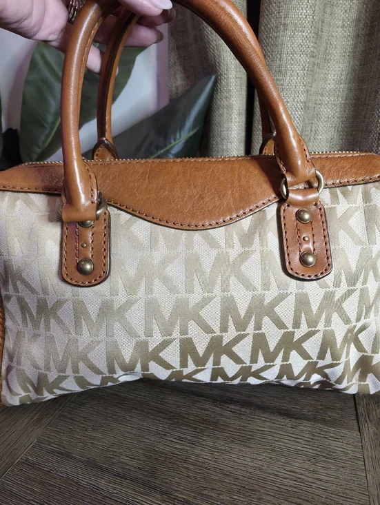 Michael Kors Beige Signature Logo Satchel with Brown Leather Trim - Picture 3 of 13